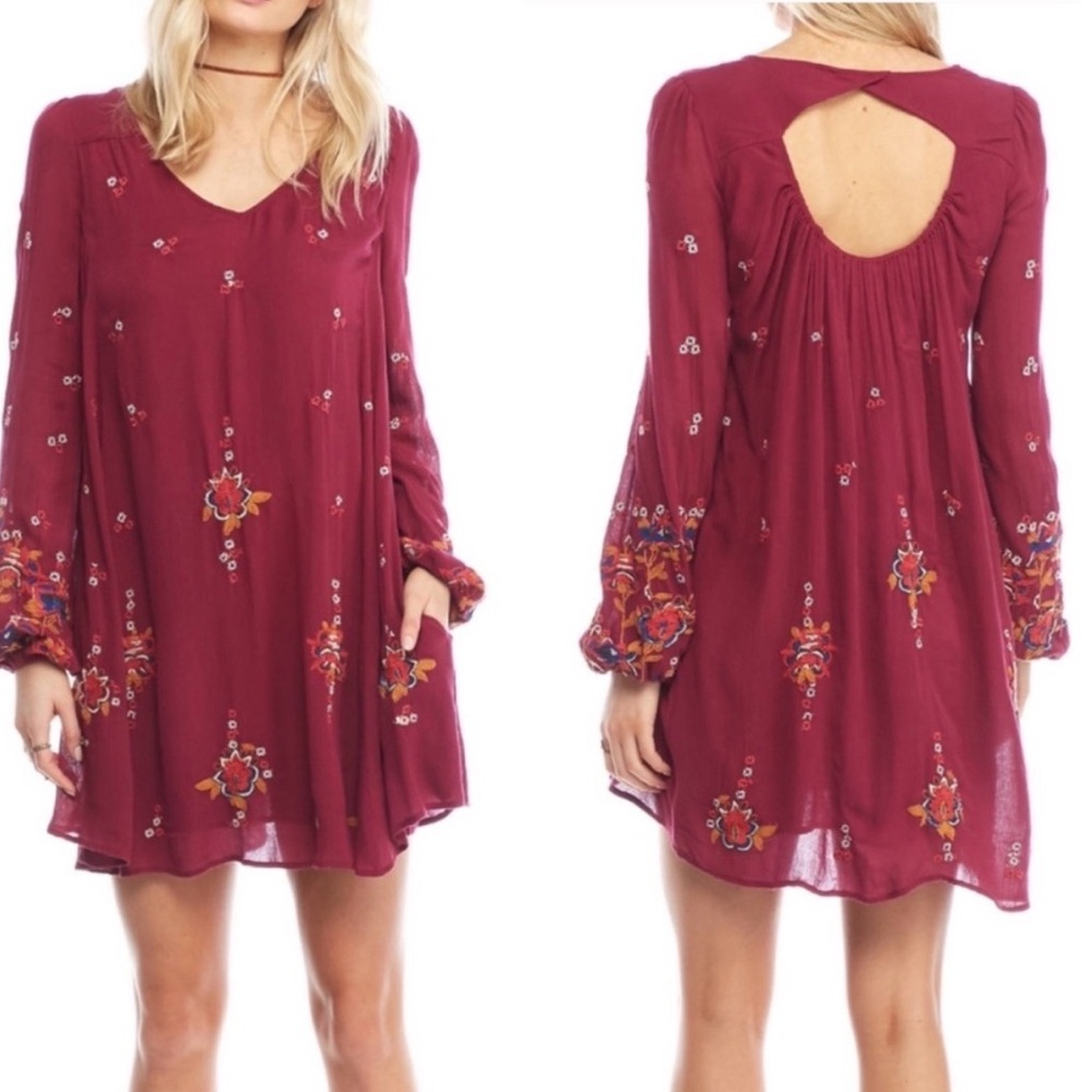 Free People Dress Burgundy Backless Embroidery Floral Long Sleeve Pocket Women M
